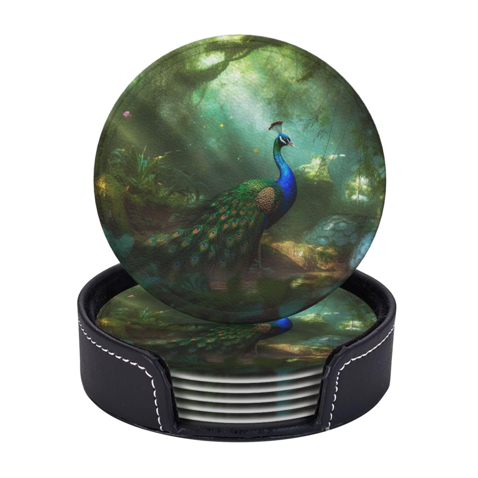 6PCS Drink Coasters with Holder, 4" Leather Coasters for Drinks, Peacock Cup Coasters for Coffee Table Decor, Non-Slip Drinking Cup Mat for Hot or Cold Drink