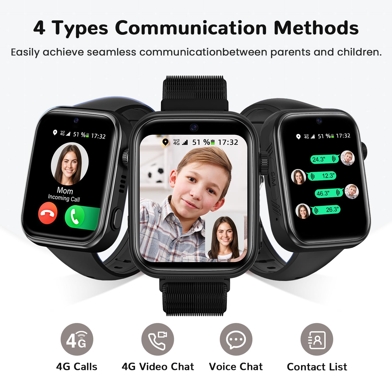 2026 Nuevo Reloj Inteligente Niño, Smartwatch Niños con Llamadas y GPS, Videollamadas/Chat de Voz/Whatsapp/WiFi/SMS/SOS/Modo Escuela/Dormir/Despertador, Reloj Niño y Niñas Negro 4-14 Año — view 2