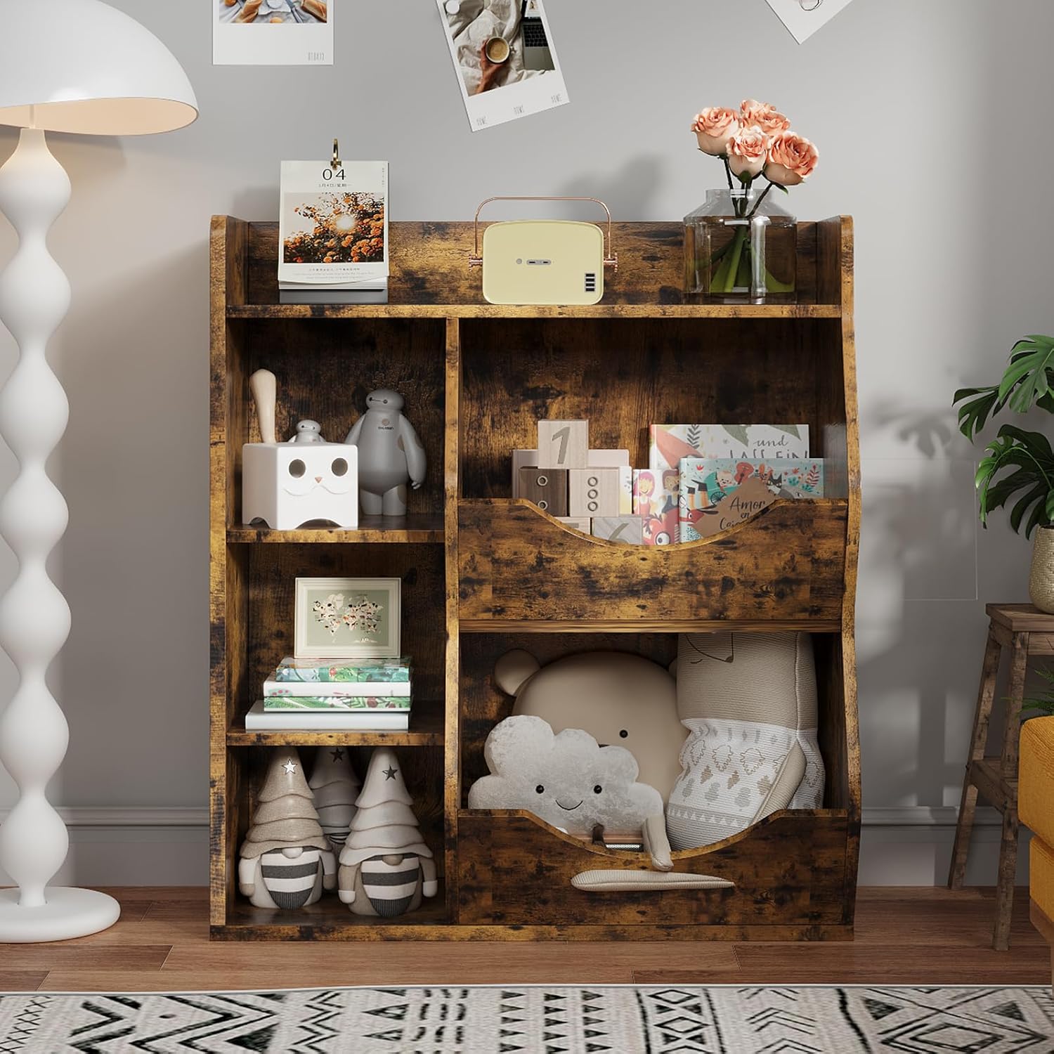 3-Tier Kids Bookshelf, Bookcase Footboard, Toy Storage Cubby White 5-Compartment Children's Toy Shelf, Toy Storage Cabinet, Fit for Bedroom, Hallway,Living Room & Kindergarten （Rustic Brown）