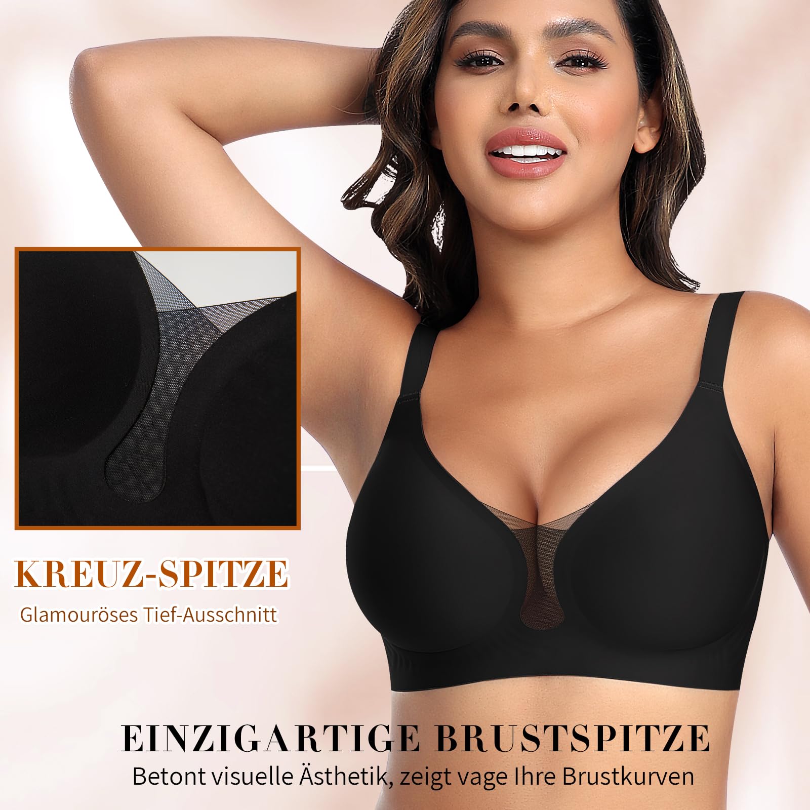 BH Damen Ohne Bügel Nahtloser Glatter Weicher BH Modische Spitze Mesh Tiefes V-Ausschnitt Bequemer BHS Gepolsterter BHS Bustier Bügellos Soft Bra Seamless Bralette T-Shirt