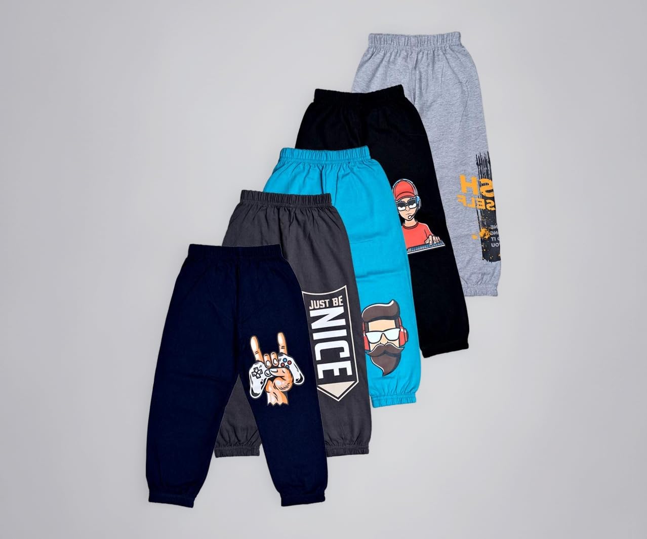 T2F Boy's Cotton Regular Fit Printed Track Pants (Pack fo 5)