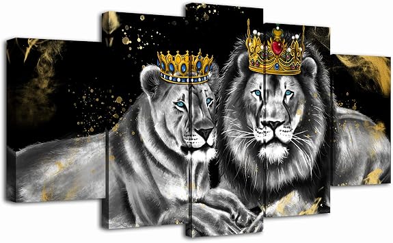 OuElegent 5 Piece Lion and Lioness Canvas Wall Art King and Queen with Golden Crown African Animal Painting Artwork for Living Room Bedroom Framed Ready to Hang