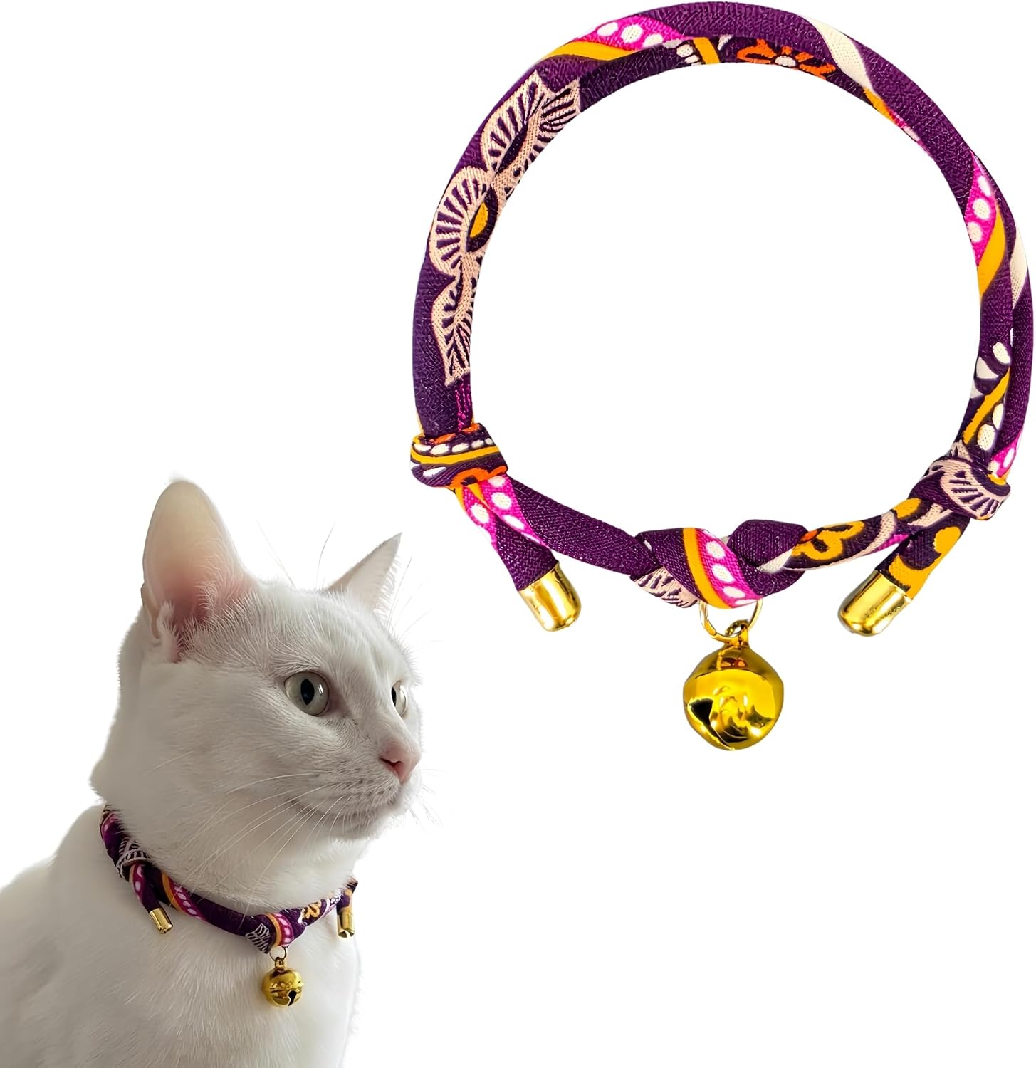 Cat Collar with Bell, Cute Adjustable Cotton Kitten Collar, Soft Lightweight Slip On Collar for Indoor Cats, Handmade in California (Violet Boho)