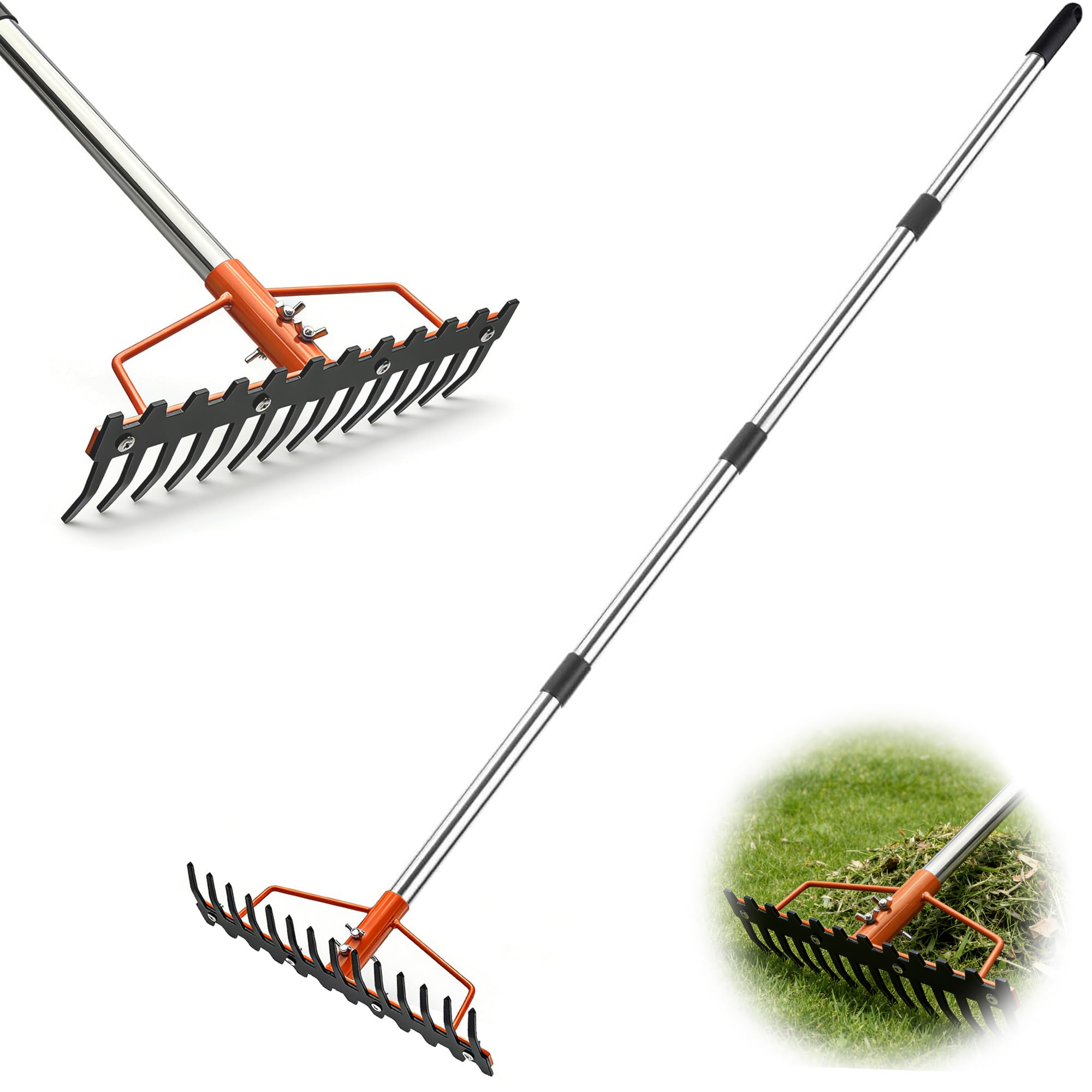 Garden Rake, 5.3 FT Rake Heavy Duty Garden Bow Rake with Adjustable Stainless Steel Handle, Metal Rakes Garden Tool for Loosening Soil Gathering Leaf Leveling Lawn Farming