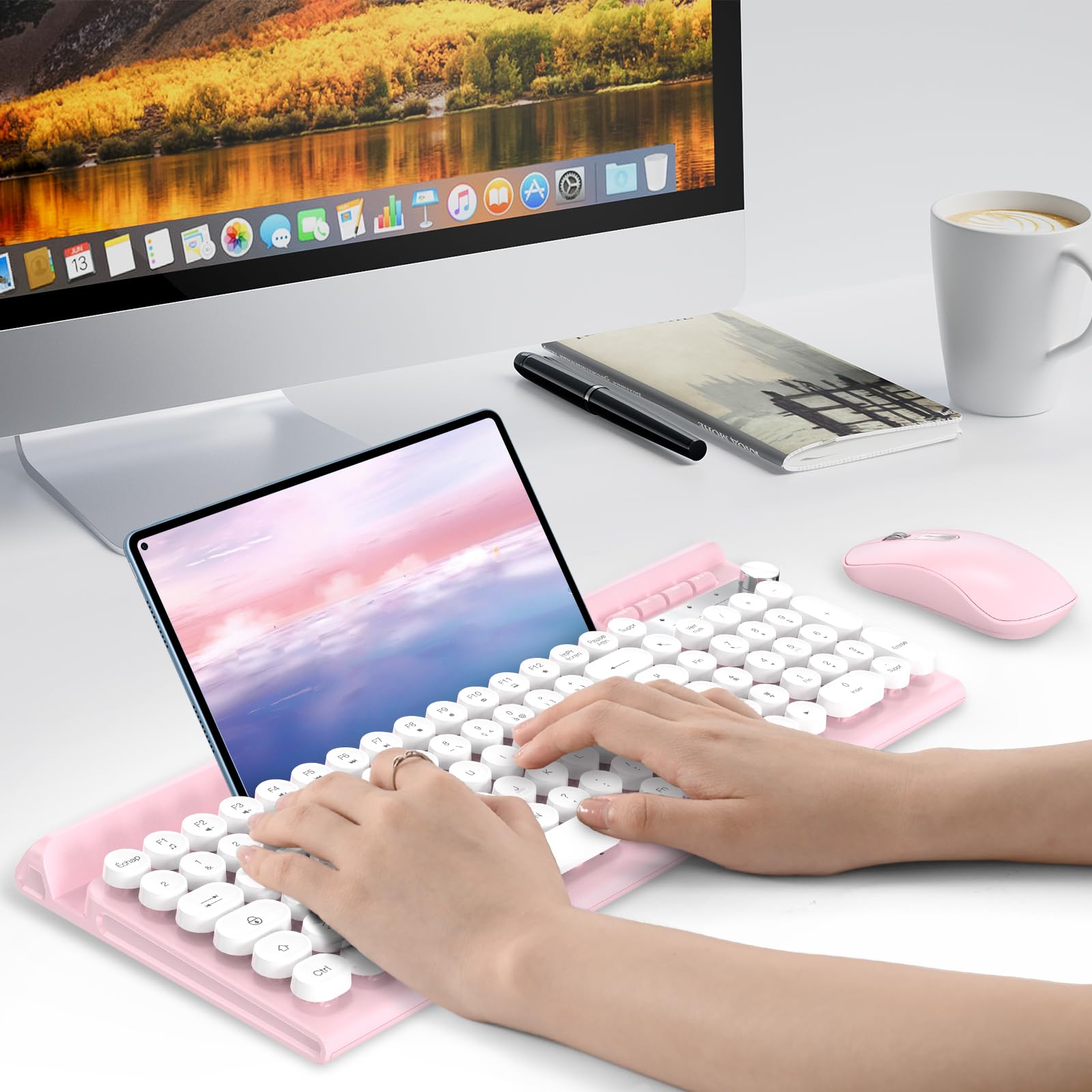 RaceGT Clavier Souris sans Fil 2.4GHz USB-A, Silencieux, Ergonomique | Clavier sans Fil AZERTY Français, 12 Raccourcis, 1600 DPI, Portable, pour PC/Laptop/Windows/MacOS, Bureau-Rosa