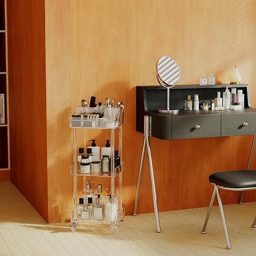Miniatura 2 de Organizador de maquillaje acrílico, carrito de almacenamiento de 3 niveles, organizador de maquillaje con ruedas, soporte para cosméticos para el