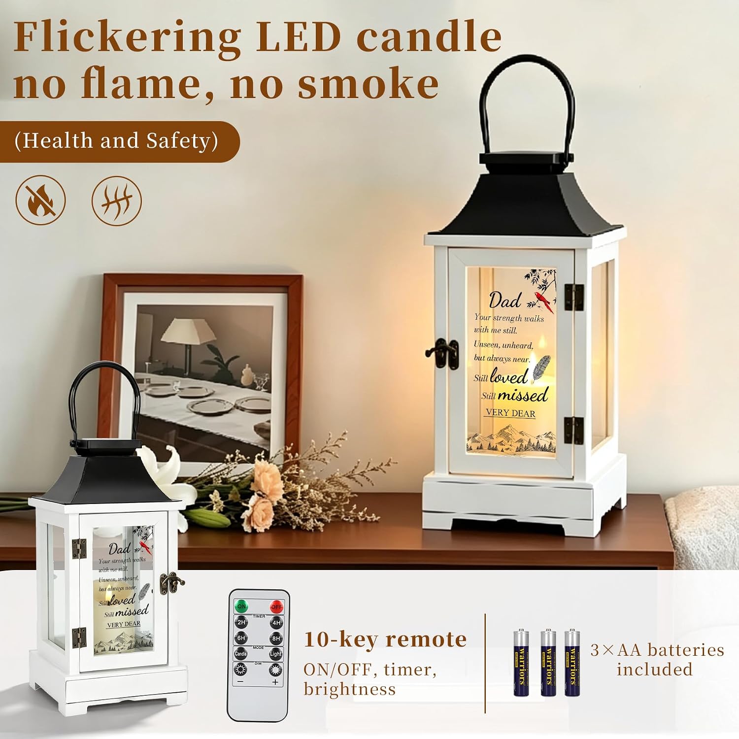 Memorial Lantern with Photo Frame & Keepsake Drawer, Condolences Gift for Loss of Dad, Bereavement Gifts in Memory of Dad, with LED Candle and Timer, Includes Sympathy Card and Gift Box
