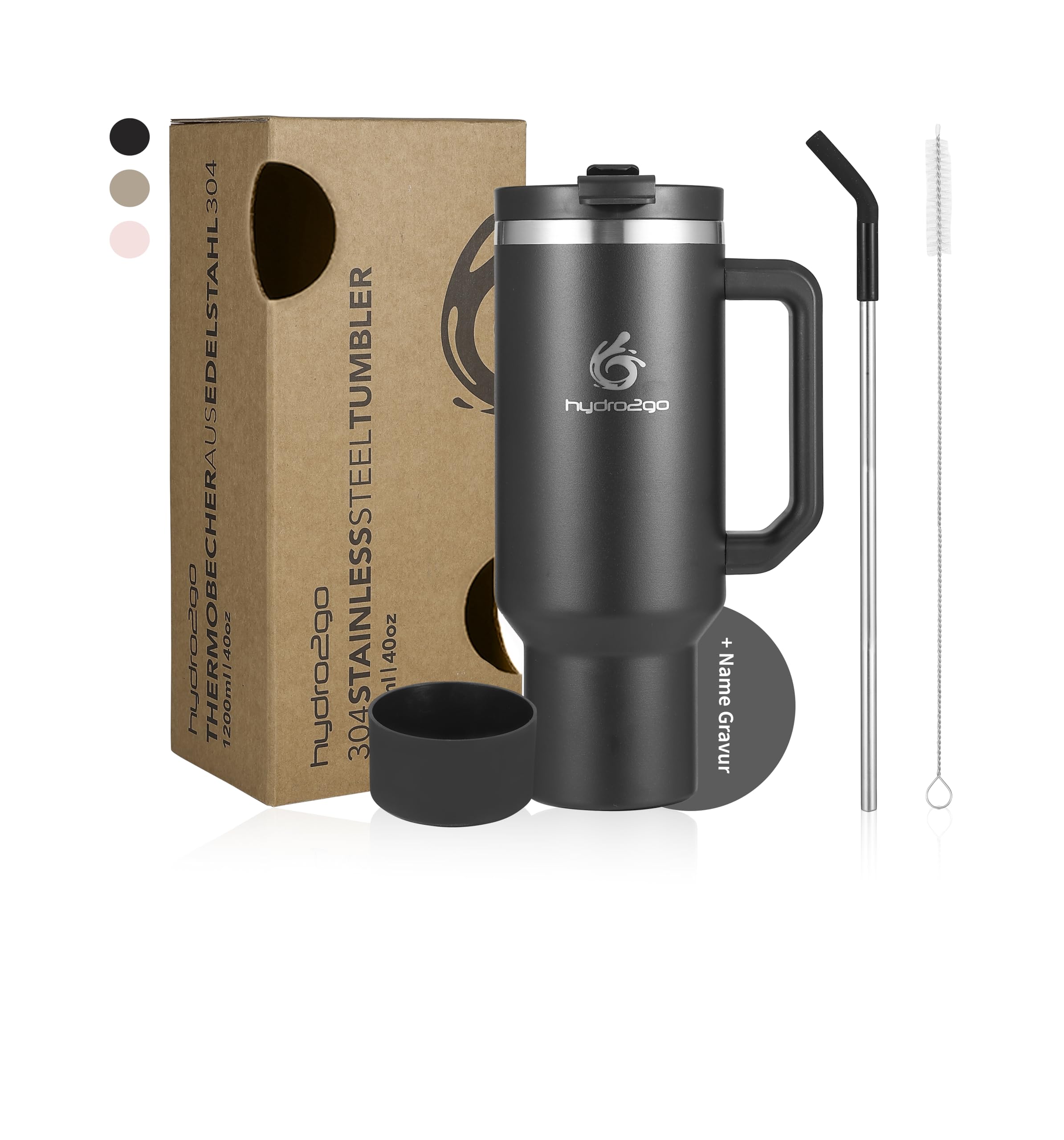 Thermobecher 1180ml mit Namensgravur – Personalisierter 40oz Edelstahlbecher mit Henkel, Deckel & Strohhalm – Hält 10h heiß & 12h kalt, BPA-frei, auslaufsicher (Black + Gravur)