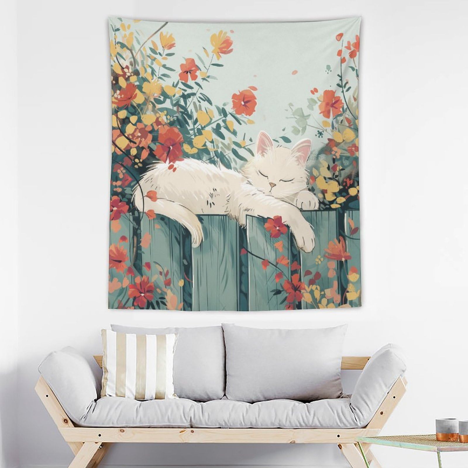 SALE!!! タペストリー 『please give me a name』 Amazon.com: Tapestry A Cute White Cat Is Lying on The Fence with