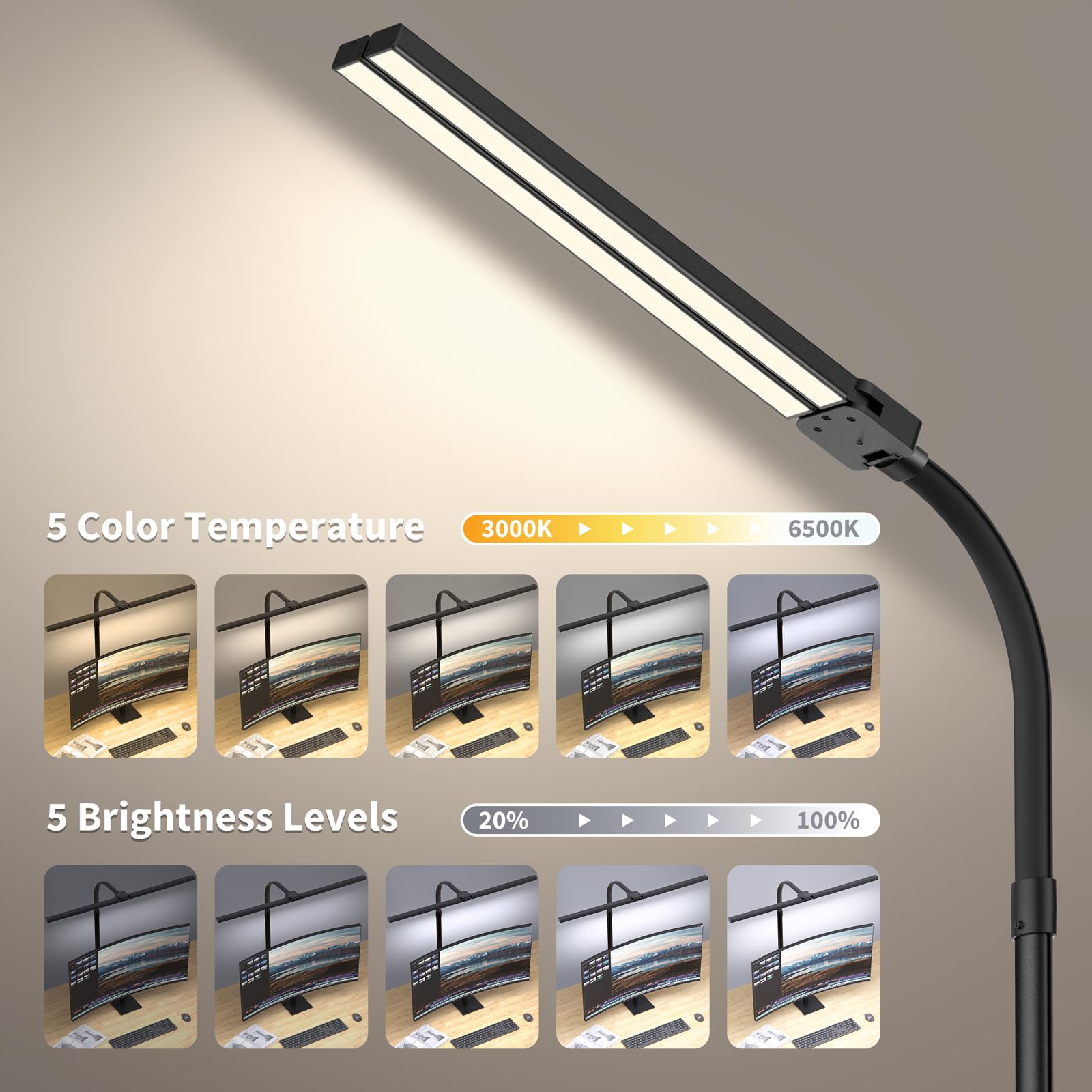 Doppelkopf Schreibtischlampe LED dimmbar, Schreibtischlampen mit Sockel,24W 80cm Tageslichtlampe, Augenpflege 5 Farbtemperaturen 5 Helligkeit, für Arbeit,Haus,Büro,Schlafsaal, Studie,Lesen