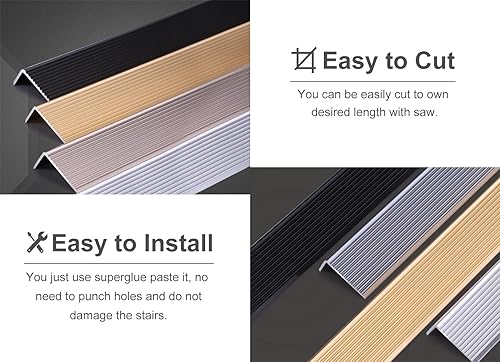 Miniatura 6 de ZIMGOD Tira protectora de borde de metal, borde antideslizante para escaleras, umbral de tira de transición en forma de L, borde de vinilo laminado