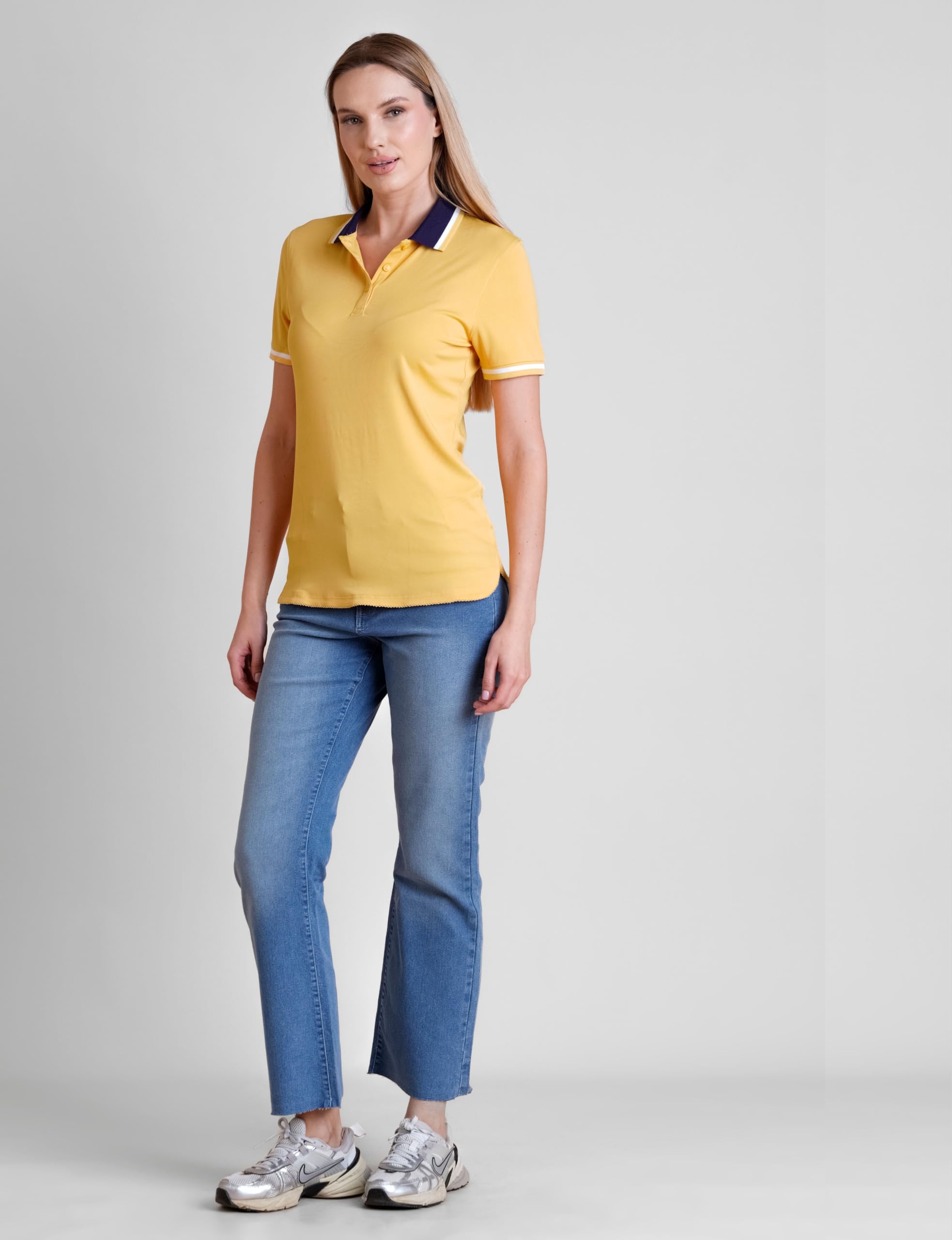 Polo da donna slim fit con morbido jersey a maniche corte casual top abbottonatura con colletto e polsini a costine perfetta polo da donna