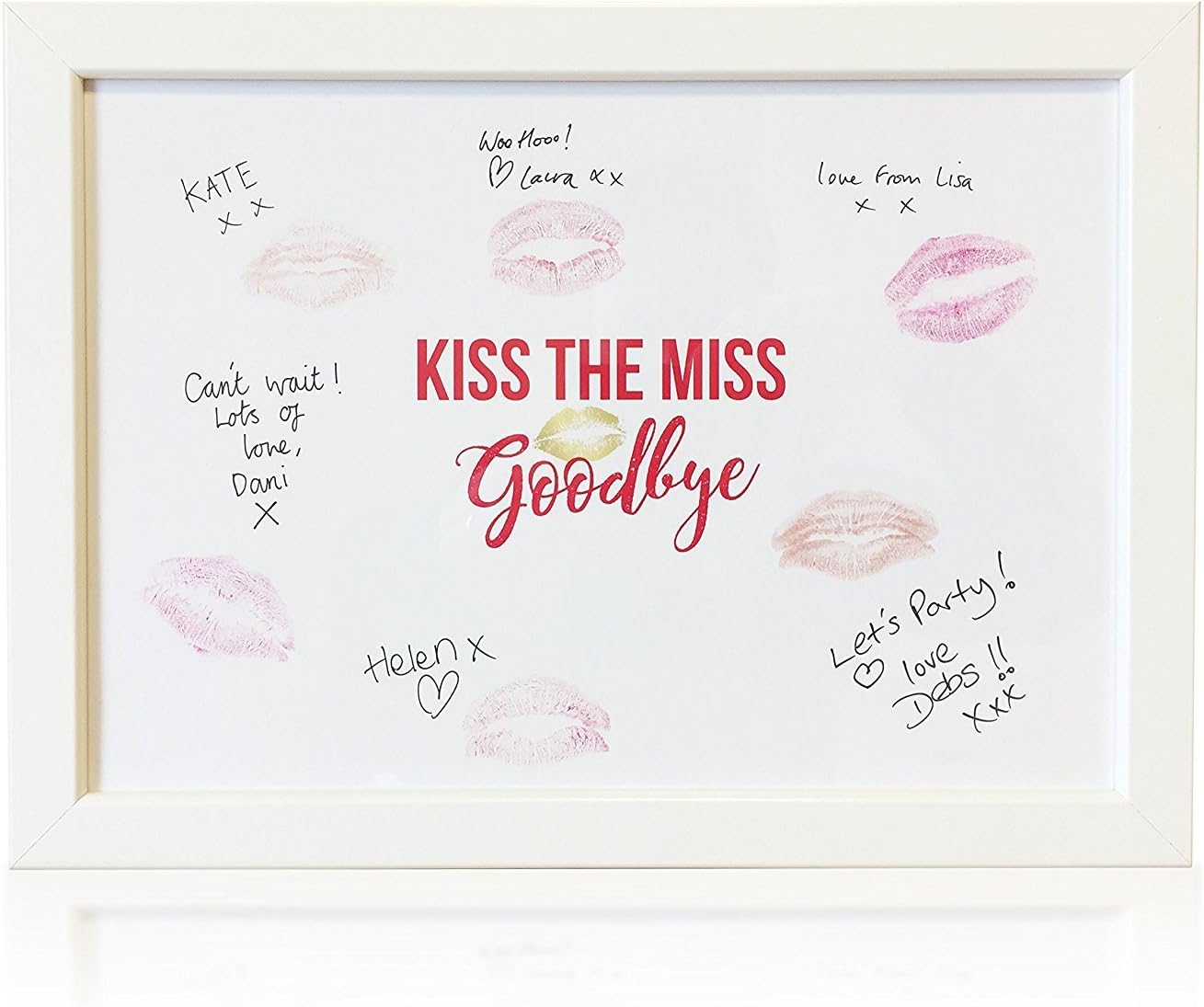 Kiss The Miss Goodbye - Bachelorette Party Picture Frame Keepsake Memories Gift for The Bride to Be (White Frame)