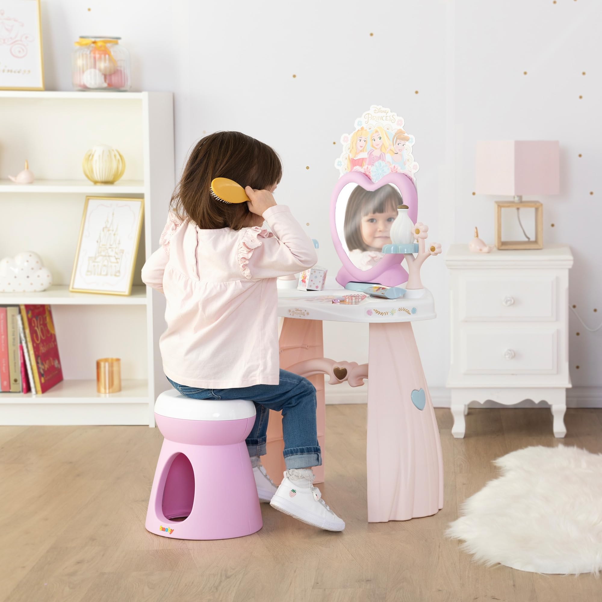 Smoby Tocador Princesas Disney con Taburete hasta 50 kg Espejo y 10 Accesorios incluidos Juguete Infantil para Juegos de imitación creativos (7600320251)