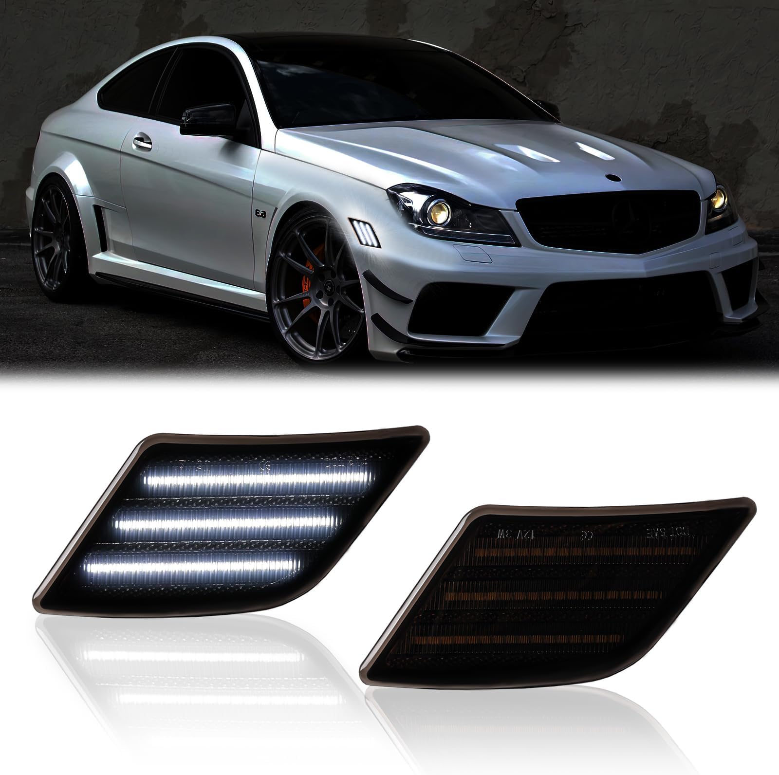 LED Side Marker Lights for 2008-2011 Mer'cedes-Benz Pre-LCI W204 C250 C300 C350 & 2008-2013 C63 AMG & 2005-2007 SL66 AMG, Smoked Len 2PCS (White)