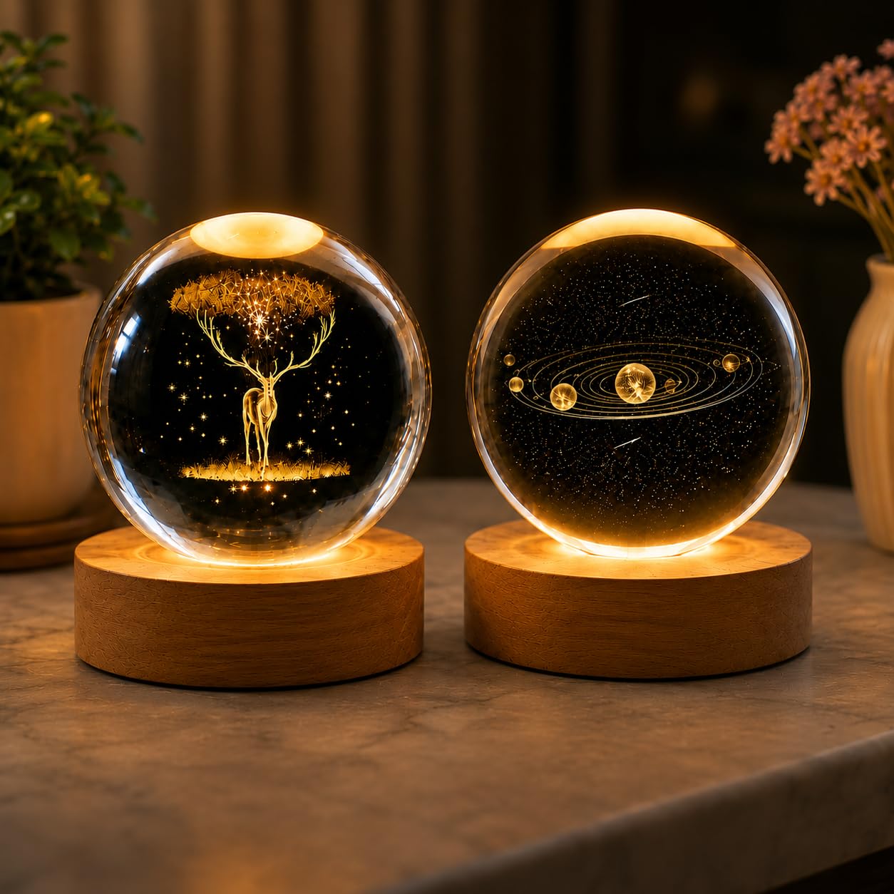 3D Crystal Ball Night Lamp with Wood Base, 8 cm, Pack of 2 | Warm LED Light, Deer & Solar System, Natural Wood Base, 10 cm Height, USB Powered-image-1