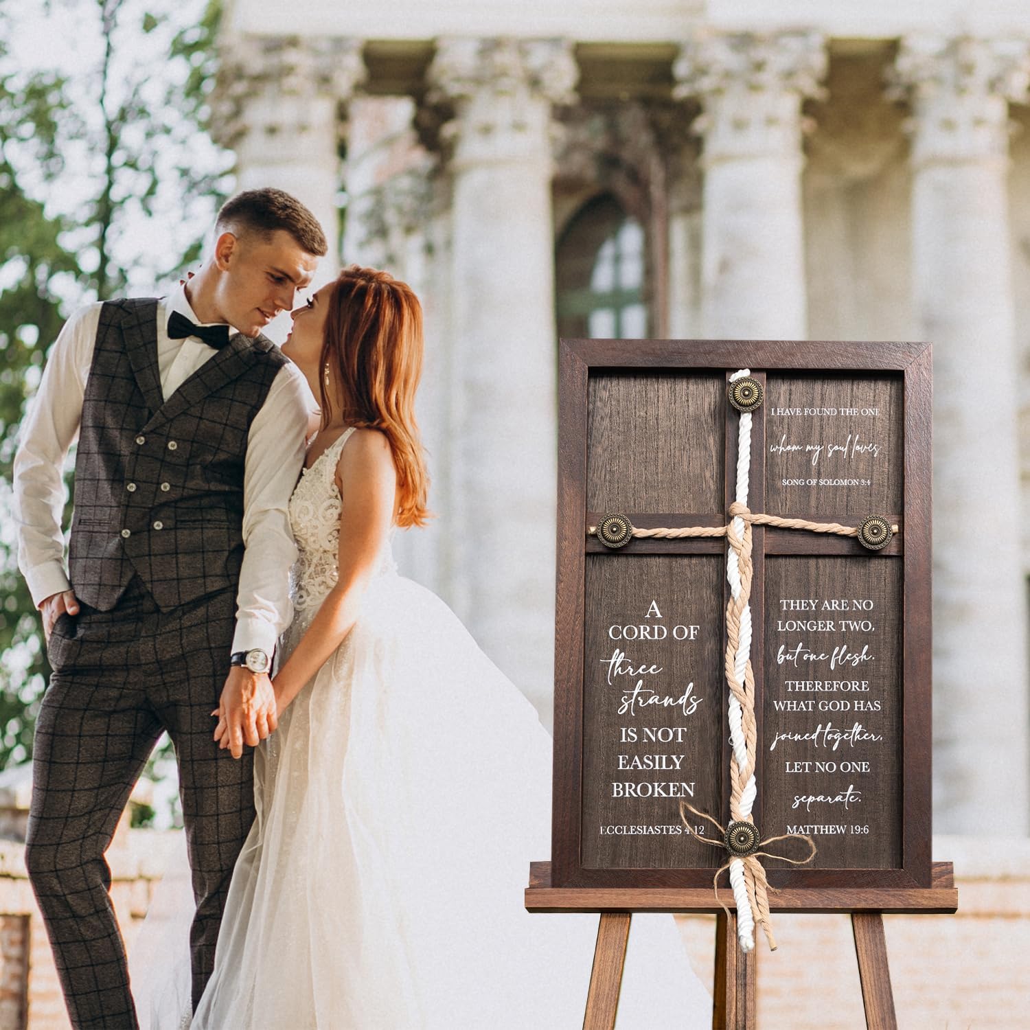 A Cord Of Three Strands Wedding Ceremony Sign, 15"X10" Unity Cross Rope Braid Decor, Unity Ceremony Idea, Anniversary Wedding Gift For Couple Parents Newlyweds, Christian Marriage Handfasting Cord