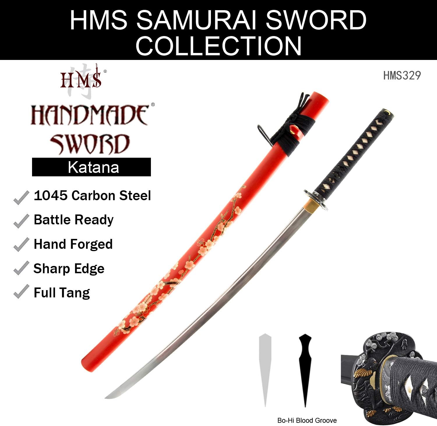 HMS Japanese Katana Sword - Hand Forged 1045 Carbon Steel Full Tang, Sharp Functional Blade for Martial Arts, Collectors & Japanese Culture Display