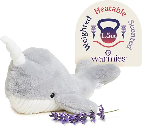warmies Animales de peluche con peso y aptos para microondas, Narwhal, peluche térmico para calidez y comodidad, bonitos juguetes de felpa suave