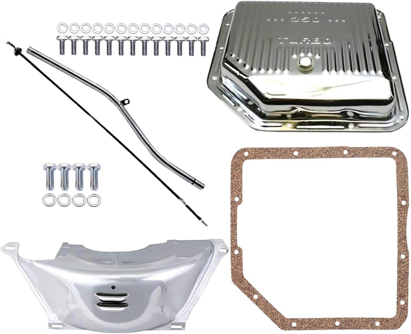 Speedway Motors TH350 Chrome Dress-Up Kit with Stock Capacity Transmission Pan, Drain Plug, Dipstick, Gasket, Flywheel Dust Cover and Complete Chrome Bolt Hardware Set