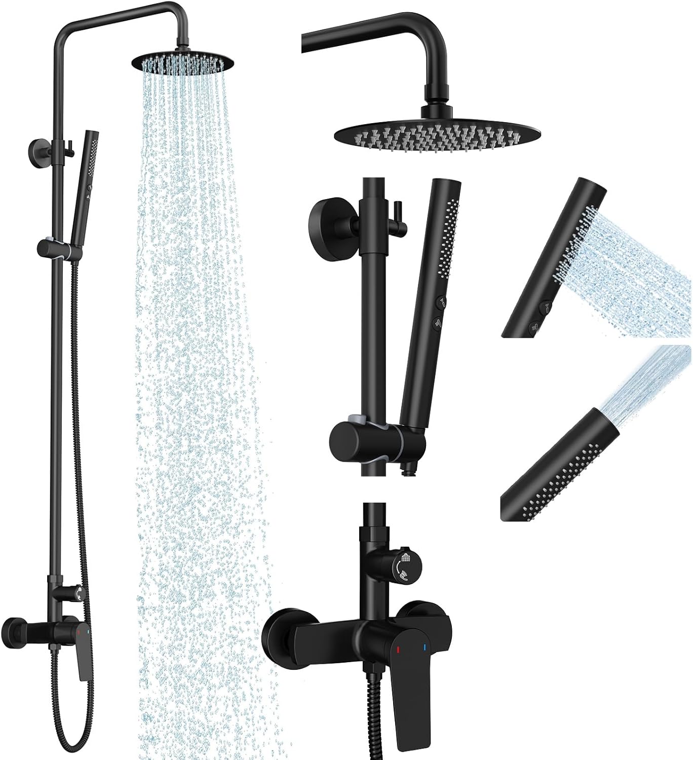 Rainsworth Outdoor Shower Kit Matte Black - Single Handle Brass Valve, Handheld Shower with Jet Spray, 8 Inch Rain Shower Head, Outdoor Shower Fixture with 304 Stainless Steel Wall Mount