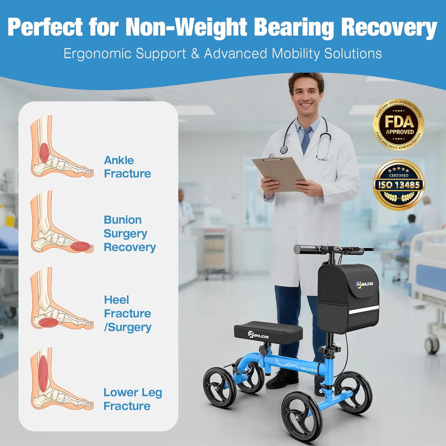 Premium Knee Scooter for Adults for Foot Surgery, Foldable & Steerable Knee Walker with Dual Brakes, Medical Knee Scooter for Broken Foot Injured, Lightweight Leg Scooter for Broken Ankle Ocean Blue
