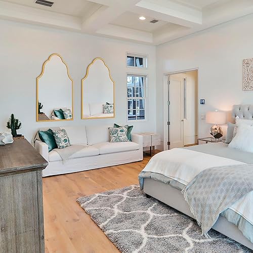 Miniatura 8 de Chende Espejo de baño dorado con marco de madera, espejo arqueado de 36 x 24 pulgadas para decoración de sala de estar, espejo festoneado moderno