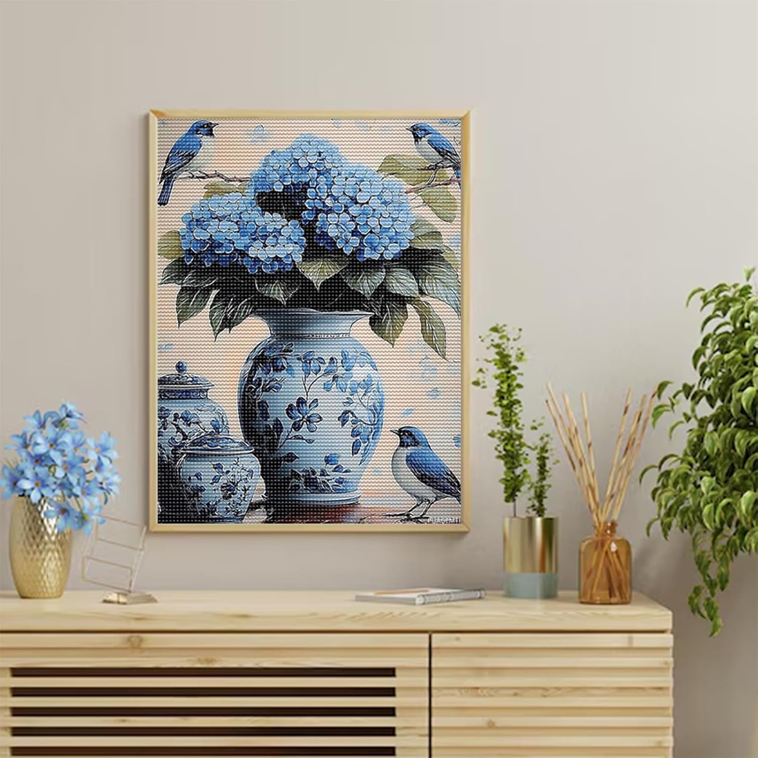 PUAGEMTI Blue Hydrangeas Diamond Art Painting Kits for Adults, Birds Diamond Painting Kits for Beginners 5D Full Drill Diamond Dots, Gem Art Crafts for Adults Wall Decor 12x16 INCH