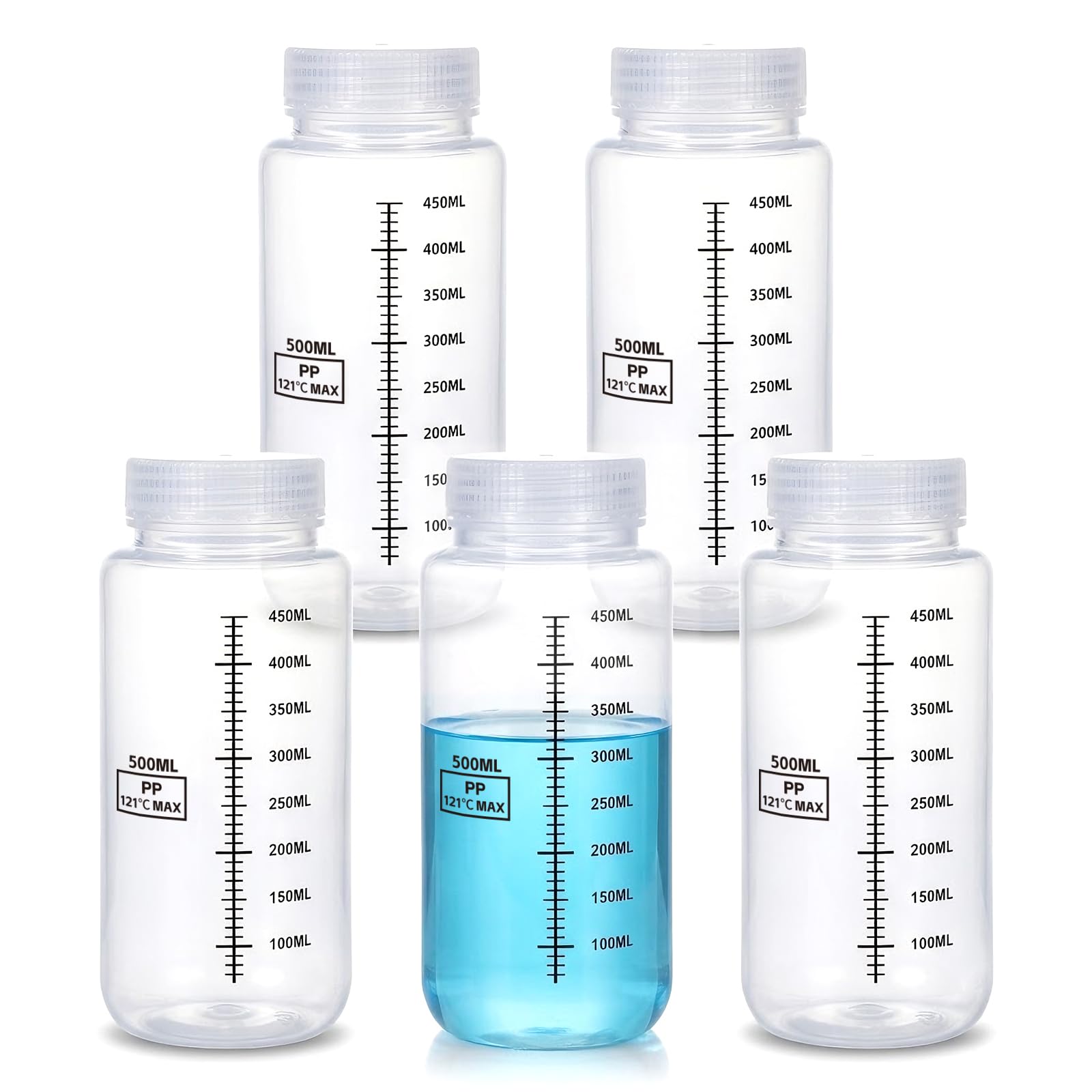 METAPACK 16 oz/500 ml Wide Mouth Plastic Bottles with Airtight Lids, Graduated Food Grade PP Sample Containers, Leakproof for Water, Lab Liquids, Medicine and Powder Storage, Clear, 5 Pack