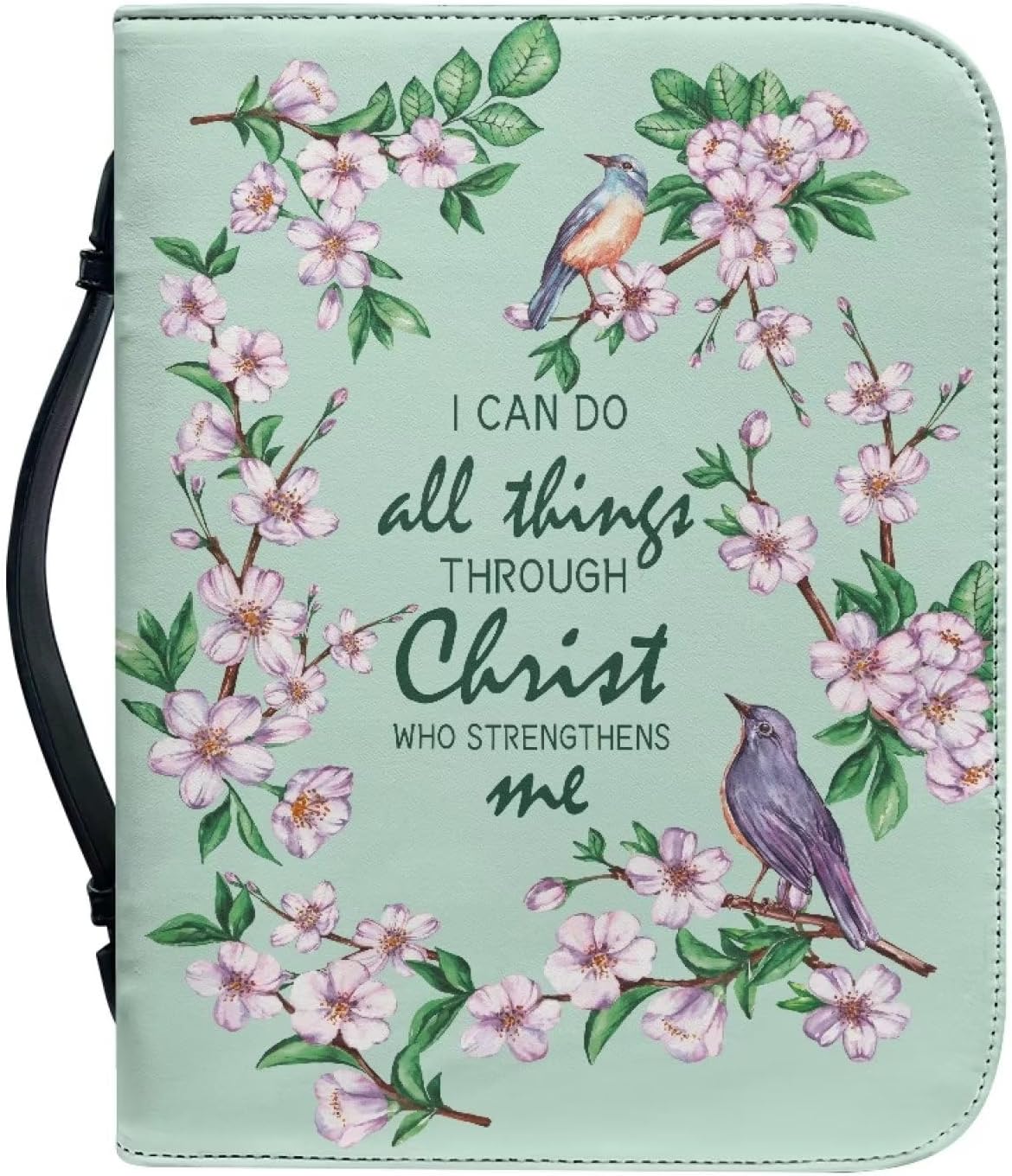 Pink Flower Green Leaf and Bird Bible Cover for Women Pu Leather Bible Case Pens Study Journal Organizer Waterproof Church Tote Bag for Christian