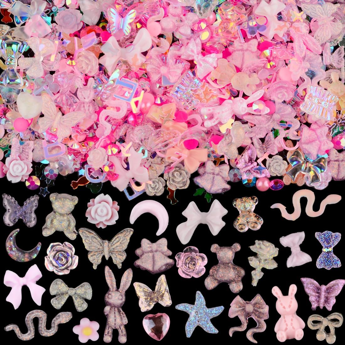 Umillars300pcs Nail Art Charms Kit, 100pcs Resin y2k Nail Charms with 100 pcs Mixed Flatback Nail Rhinestones Pearls and 100pcs Nail Glitter Sequins for Nails DIY Manicure Supplies Accessories