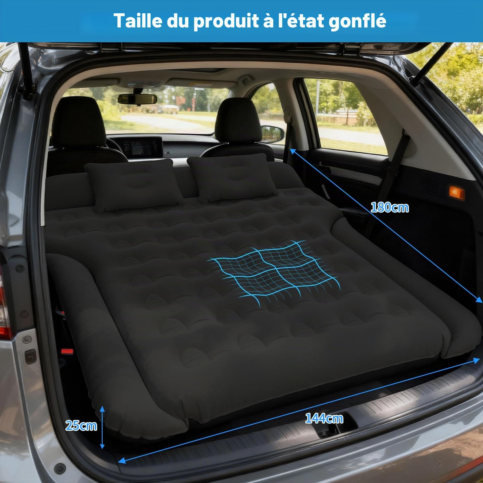 Matelas Gonflable Lit de Voiture, Matelas pneumatique SUV, Noir | le Camping et le Siège Arrière – Facile à Ranger, Idéal pour les Déplacements, pour les Voyages, Camping, activités Plein air