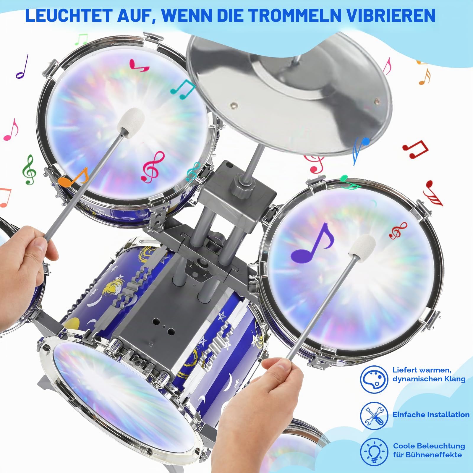 Schlagzeug Kinder mit Lichtern, 5 Trommels Anfänger-Schlagzeug mit Hocker Percussion, Musikinstrument Lernspielzeug Spielzeug Geschenk für Kinder ab 3 4 5 6 Jahre Mädchen und Jungen