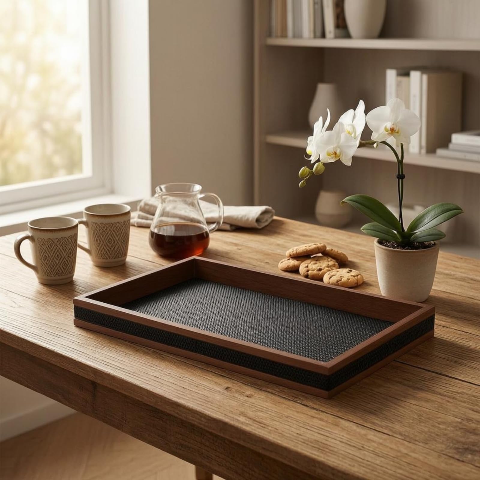 Sharplace Bandeja de Servicio Rectangular Bandeja Organizadora de Mesa Bandeja de Madera PU con Bordes y Fácil Transporte Adecuada para Servir Frutas Brunch Encimera Comedor Estudio, Negro