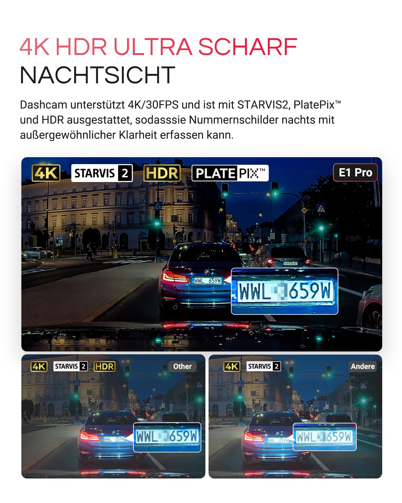 VANTRUE E1 Pro 4K HDR STARVIS 2 Dashcam Auto vorne, 5GHz WLAN Mini Dash Cam mit CPL, GPS Sprachbefehle, Parküberwachung, 1.54 Zoll 160°