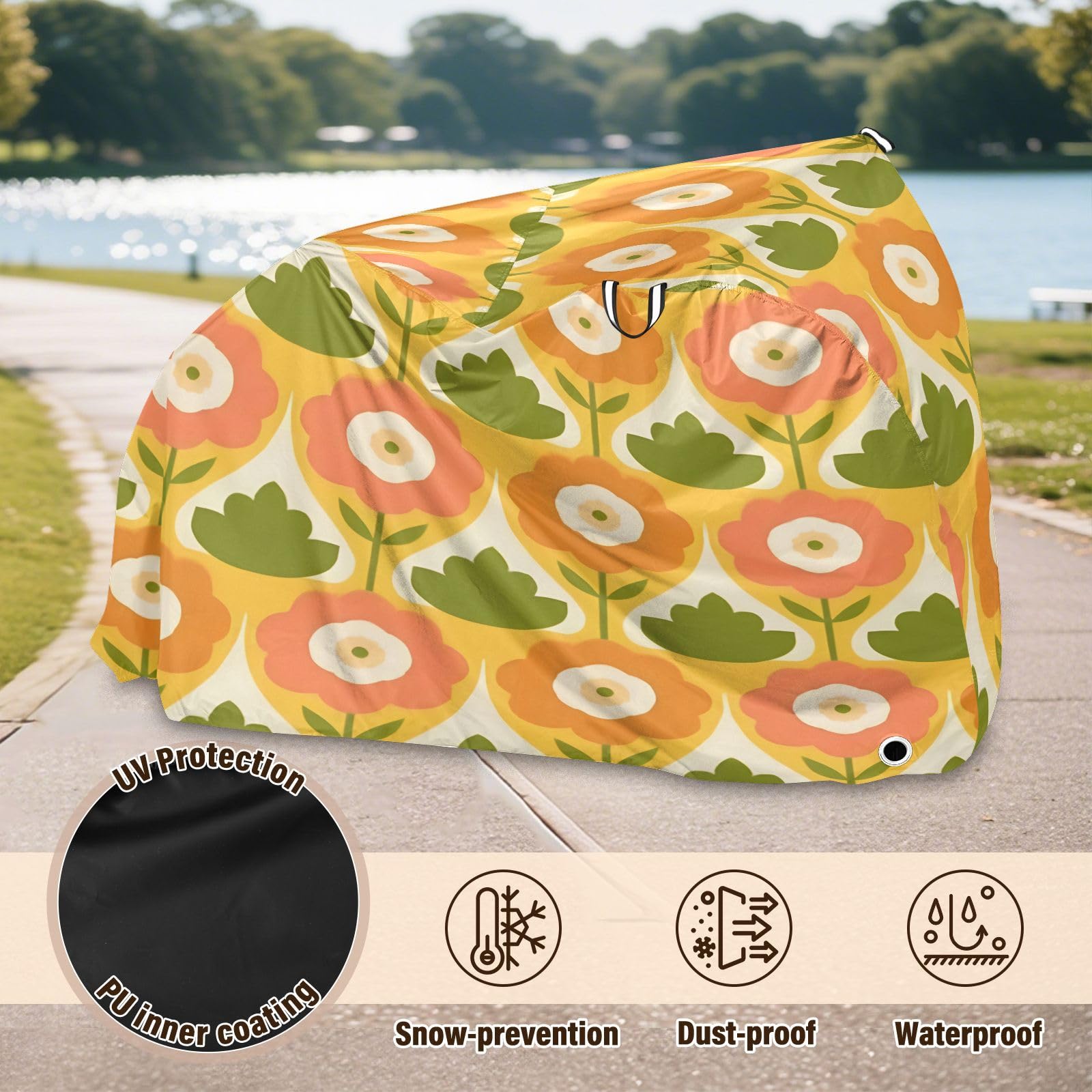 Pokrowiec na rower, wodoodporny, outdoorowy, rowerowy, motorower, wytrzymały, wiatroszczelny, ochrona przed słońcem, do roweru górskiego, szosowego, kwiat
