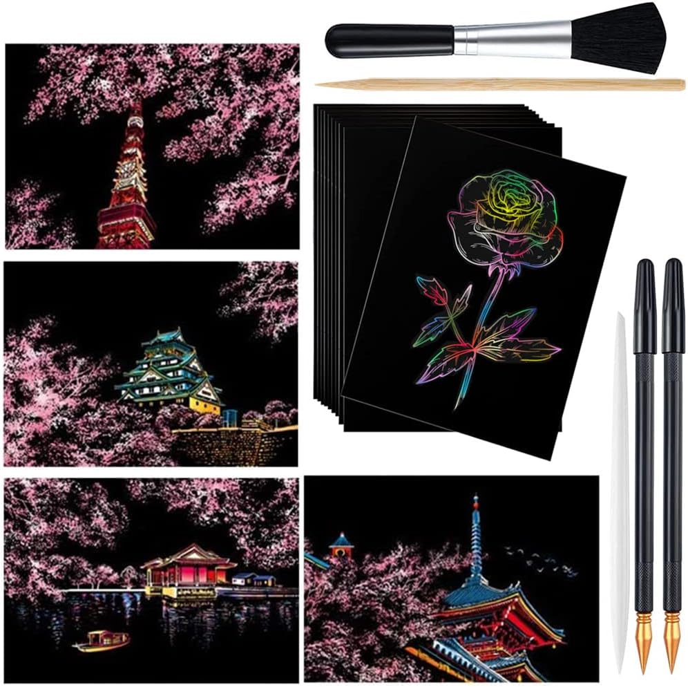 Amazon.co.jp Morices スクラッチアート ペーパー セット、 4枚 桜 夜景 スクラッチ はがき と 10枚 レインボー