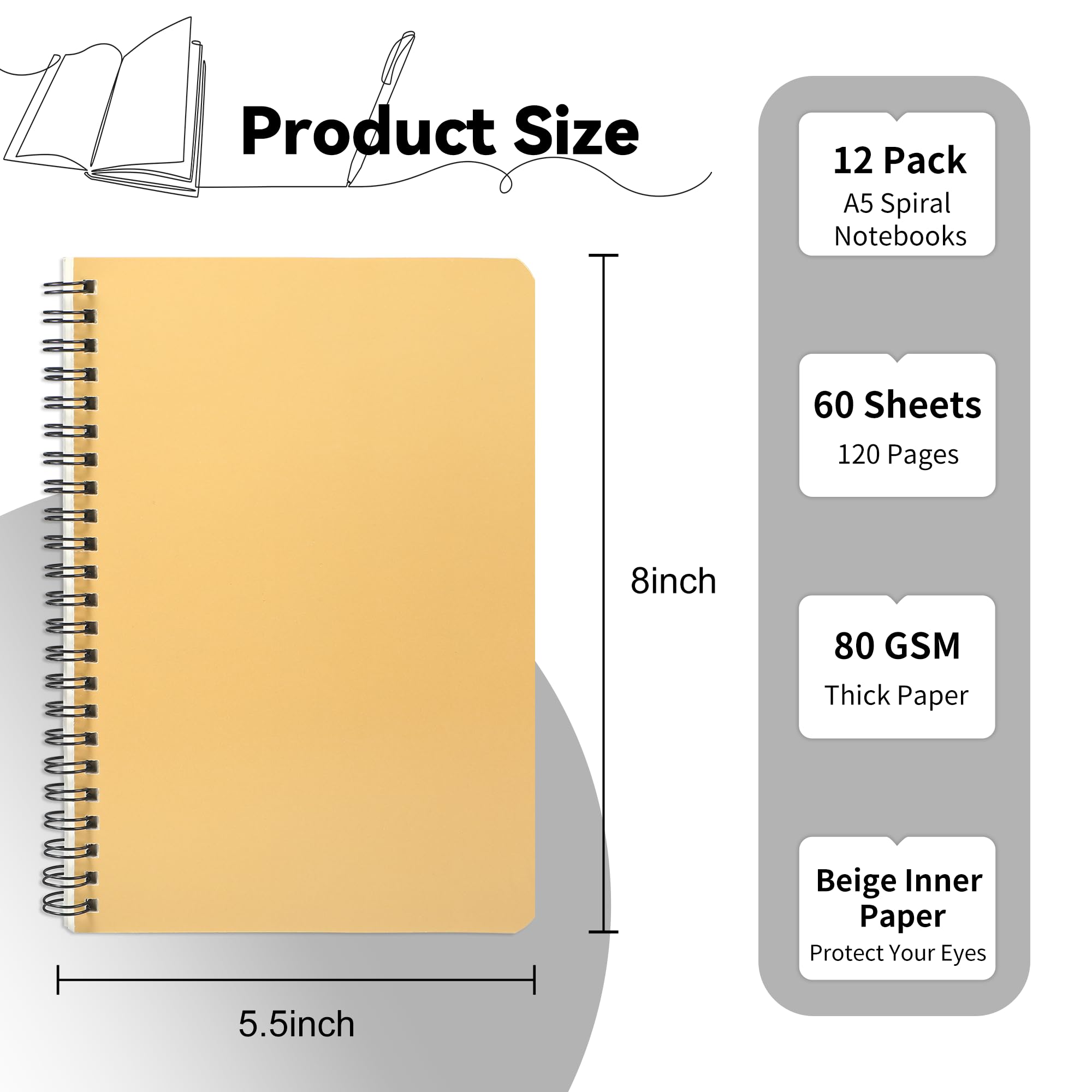 miikoul Lot de 12 carnets à spirales A5, 21,1 x 14 cm, 60 feuilles/120 pages, couverture rigide à larges lignes, avec couverture imperméable, carnet de notes 12 couleurs pour le bureau, la maison,