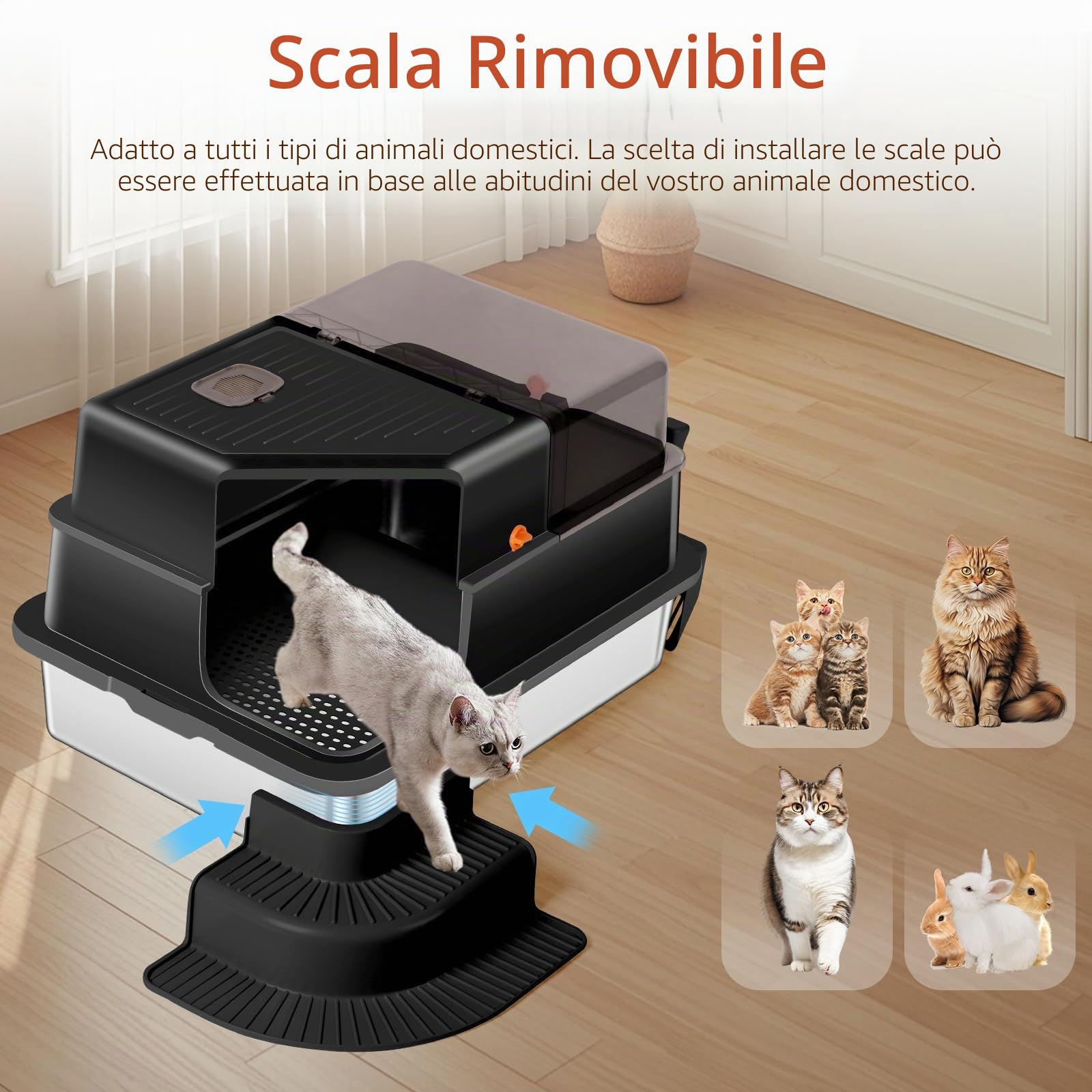 Lettiera per gatti in acciaio inox, con parete laterale alta, in metallo, con marcia filtrata, gradino, pala, non adesiva, inodore, facile da pulire (nero)