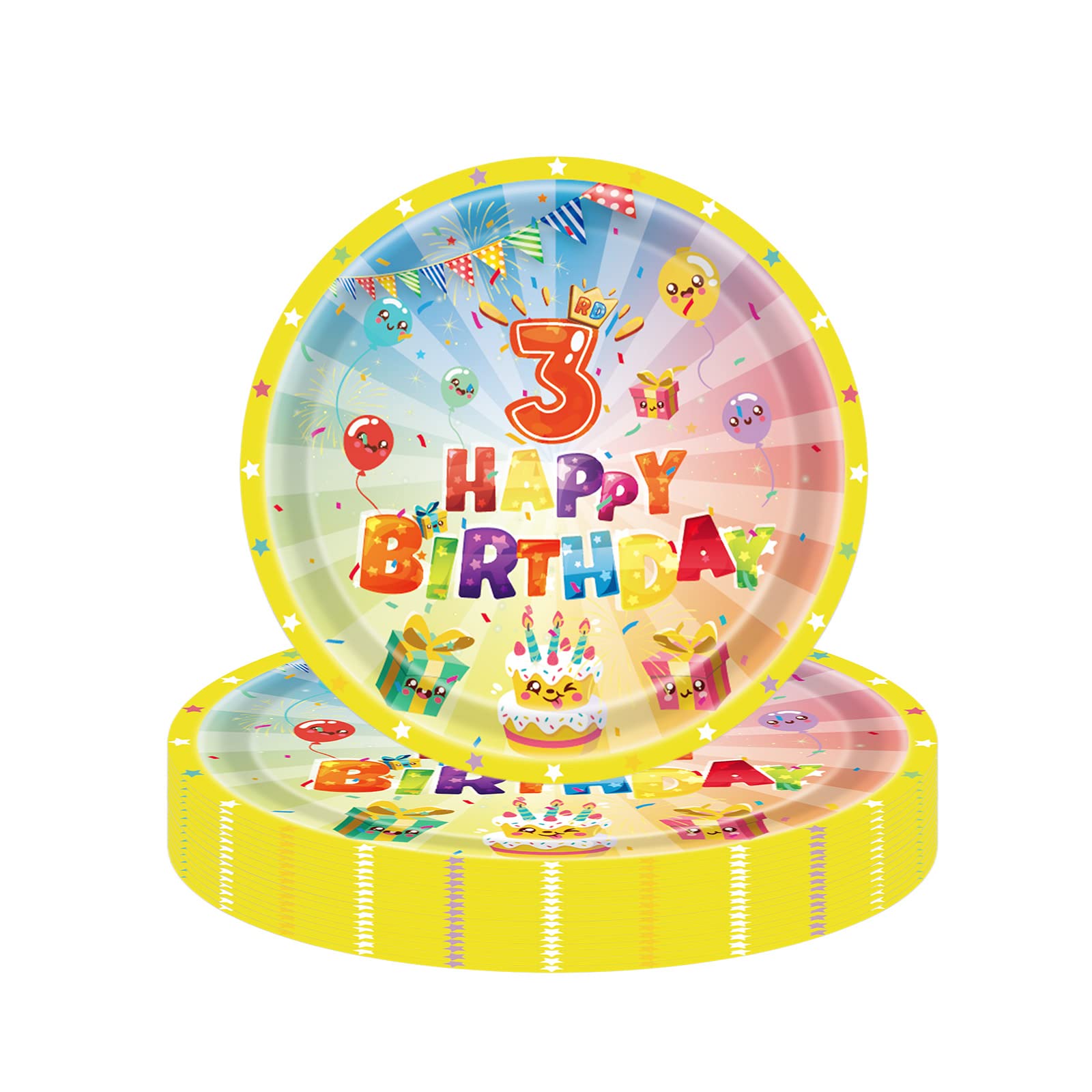 16P 3rd Birthday Paper Plates 9",Colourful Third Birthday Tableware Party Plate Disposable,Happy 3rd Birthday Table Decorations Plate Luncheon Plate for Girls,Boys,Kids 3rd Birthday Party Decorations