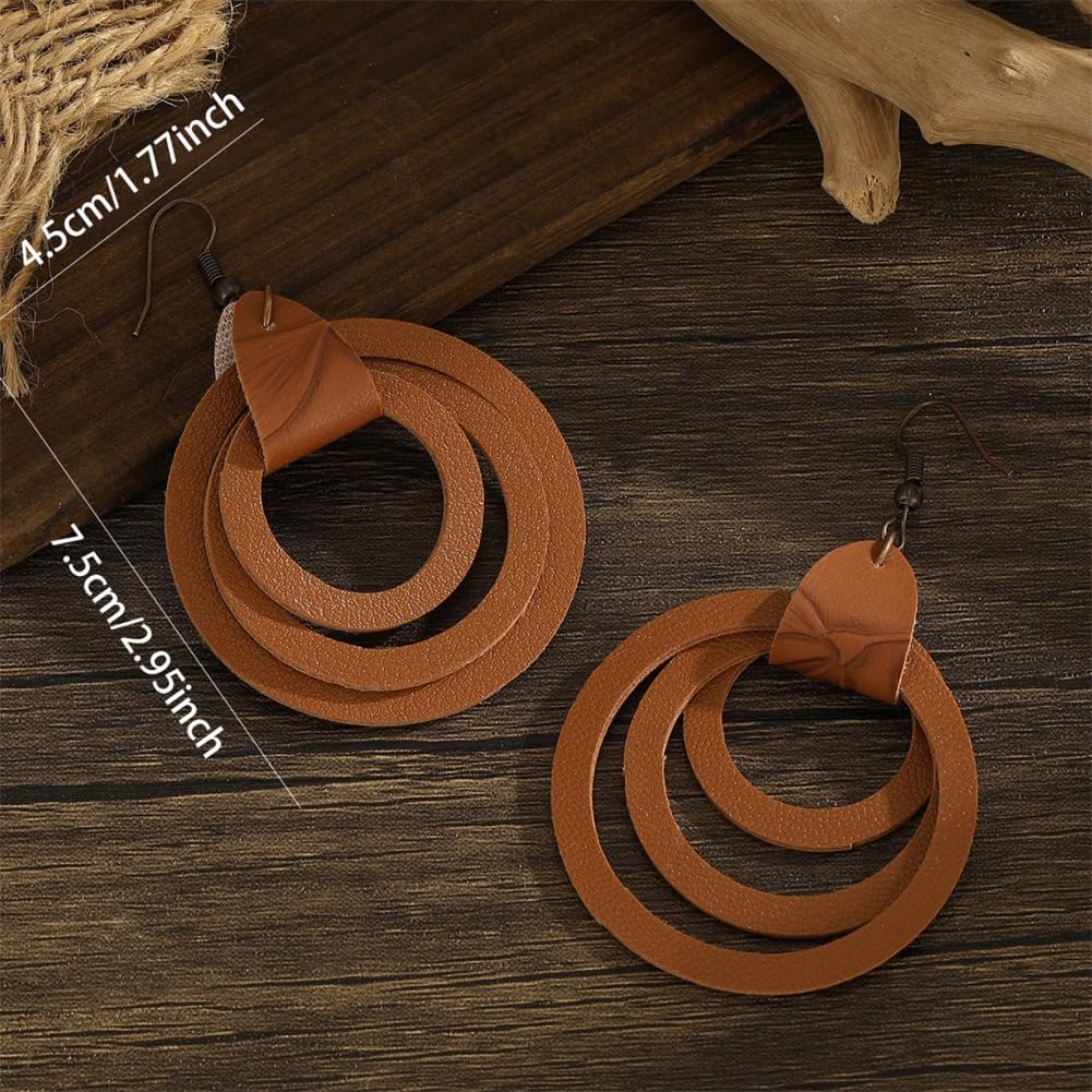 Multi Layer Hollow Circular Carved Textured Leather Earrings Vintage Bohemian Style Faux Leather Print Round Earrings For Women - Image 2