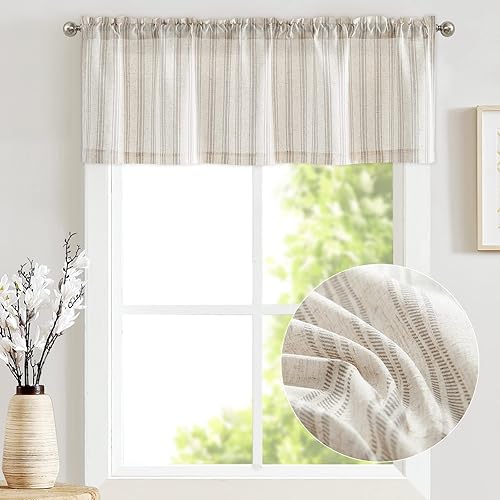 Miniatura 2 de Jinchan - Cenefa a rayas estilo casa de campo para ventana, cortinas texturizadas de lino para ventanas pequeñas, para cocina, sala de estar, RV,