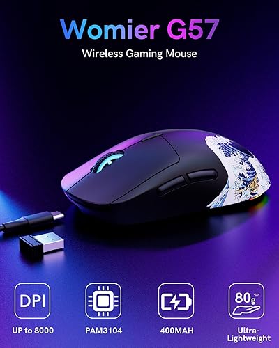 Miniatura 3 de G57 - Mouse inalámbrico para juegos, 8000 DPI, 2.82 oz, 2.4GBluetoothUSB-C, recargable con 5 botones programables para PCMac, color negro