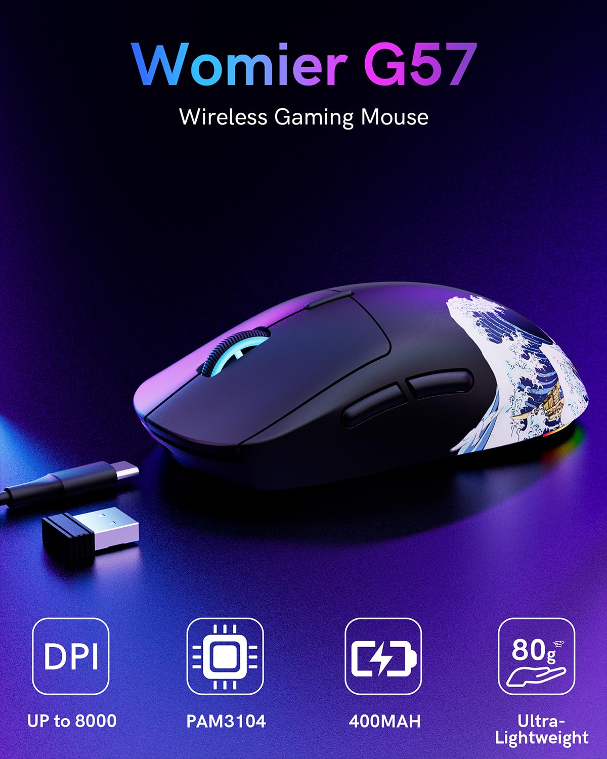 G57 Kabellose Gaming Maus, 8000 DPI 80g 2.4G/Bluetooth/USB-C Wiederaufladbare Kabellose Maus mit 5 Programmierbaren Tasten für PC/Mac, Schwarz