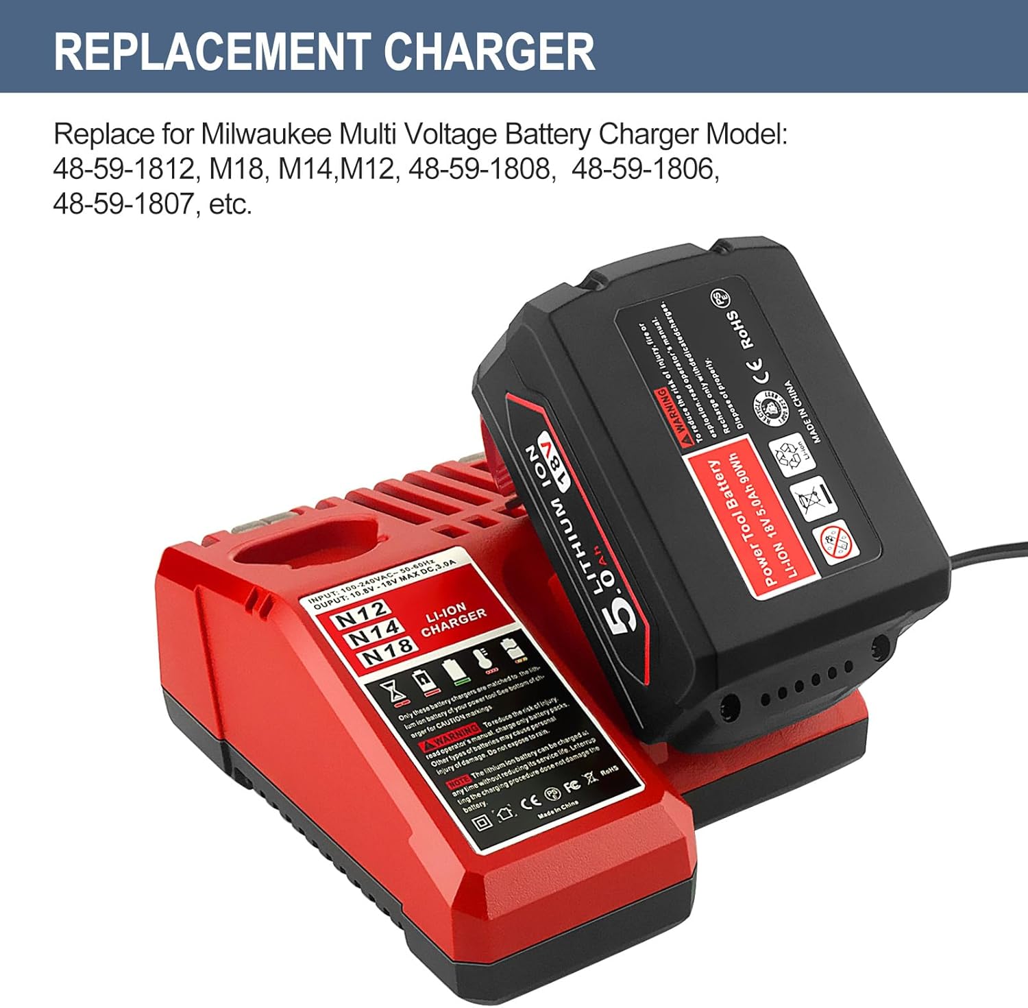 2 Pack 5.0Ah 18V 48-11-1850 Battery and Charger Combo Kit Replacement for Milwaukee 18V Battery and Charger 48-11-1865 48-11-1852 48-11-1840 48-59-1812