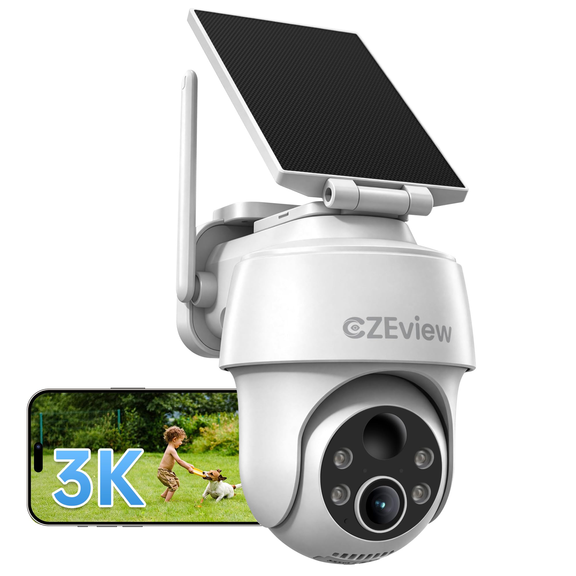 CZEview C8 3K Überwachungskamera Aussen Solar mit 360° PTZ Auto-Tracking | ohne Stromanschluss für Garten, Einfahrt & Garage | KI-Personenerkennung, Farbnachtsicht, IP65, 2-Wege-Audio, 2,4 GHz WLAN