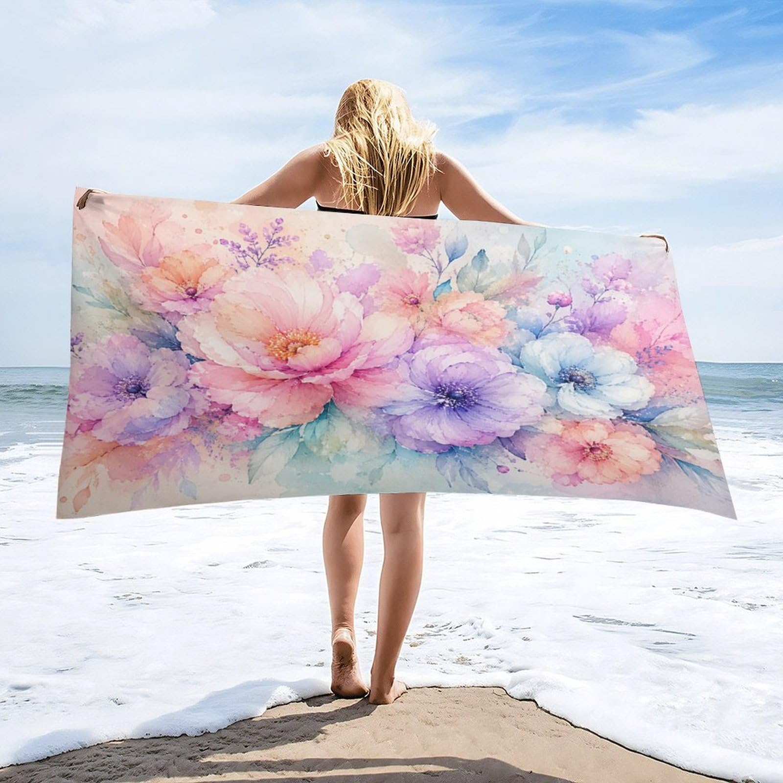 Anceky Pastel Floral Watercolor Bouquet Beach Towel 32"×63",Soft Microfiber Bath Towel Shawl, Quick Dry Absorbent Pool Spa Gym Shower Towel