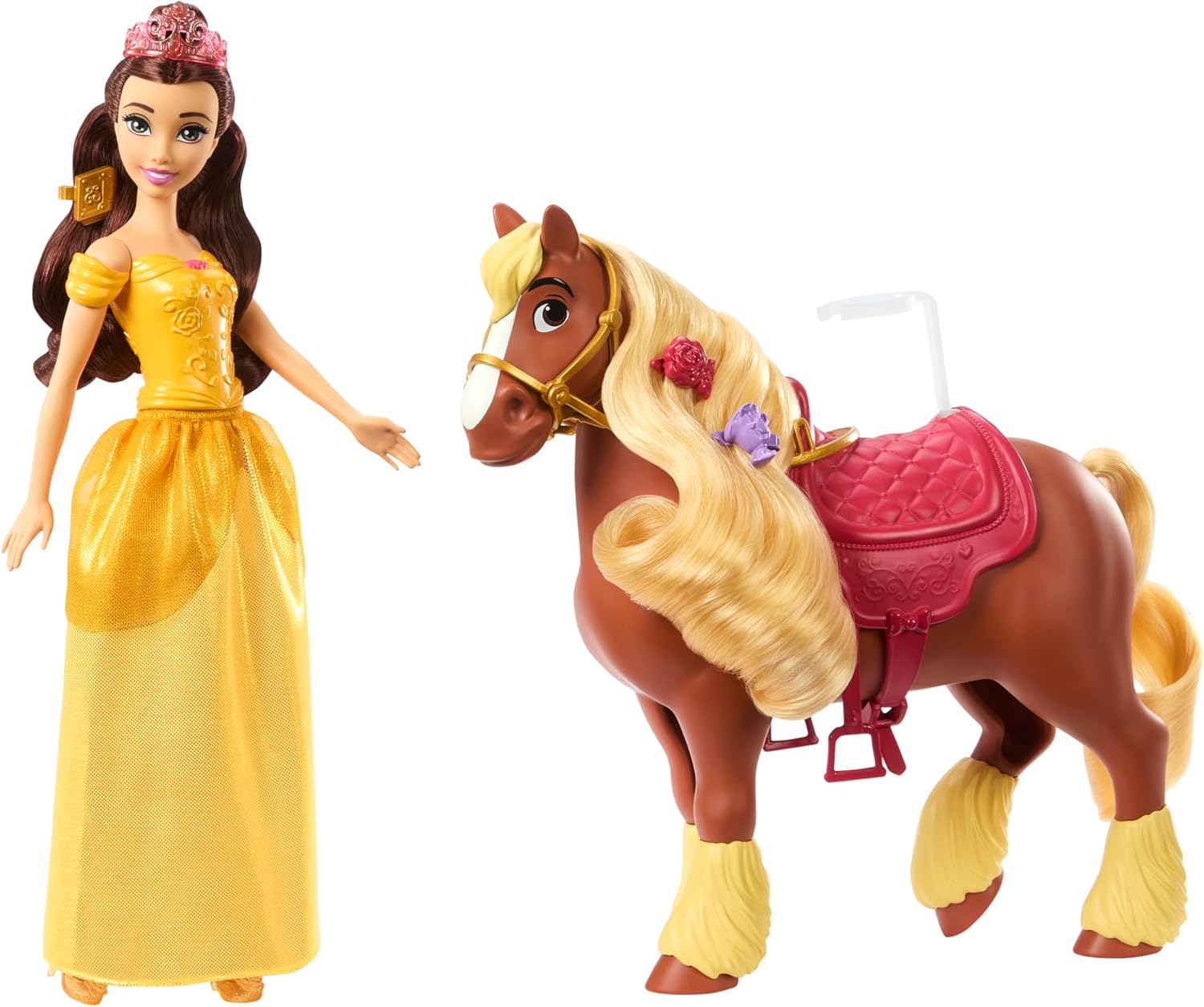 Mattel Disney Princess Toys, Belle Fashion Doll & Philippe Horse with Saddle, Brushable Mane & Tail & 4 Styling Accessories, Inspired by Movie