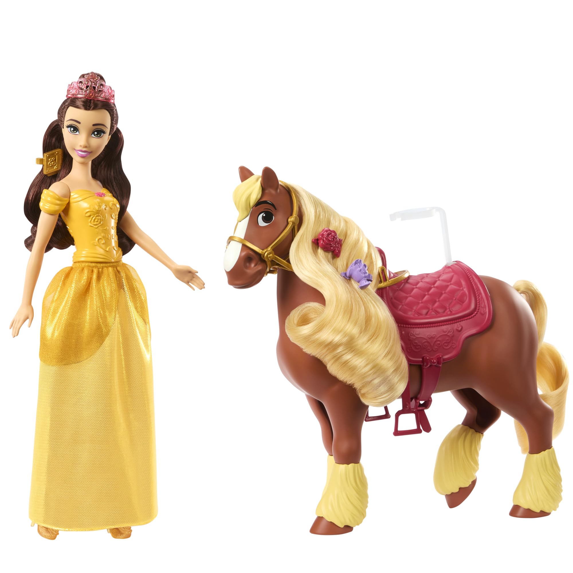 Mattel Disney Princess Toys, Belle Modepuppe & Philippe Pferd mit Sattel, bürstbare Mähne & Schwanz & 4 Styling-Accessoires, inspiriert vom Film
