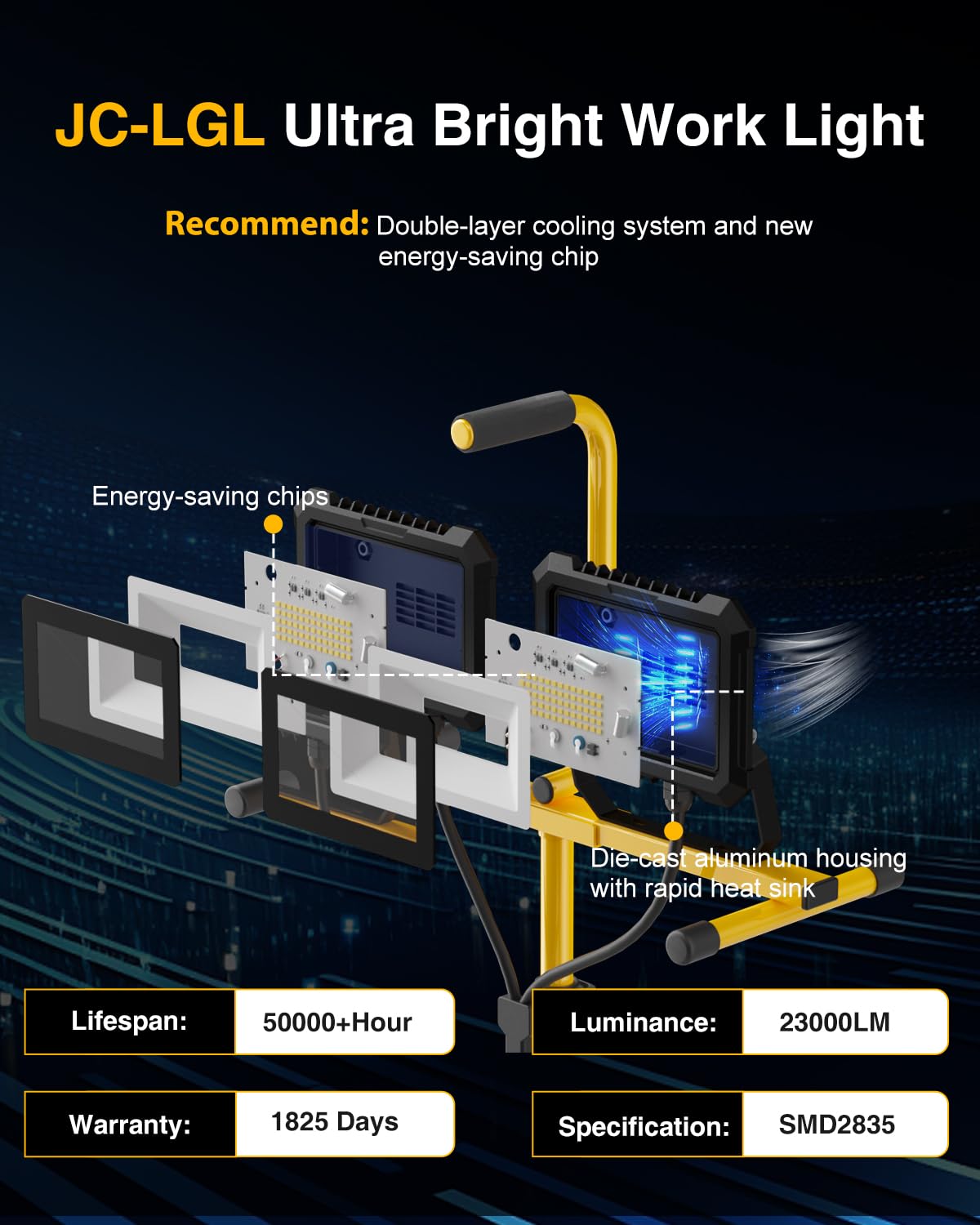 Luz de trabajo LED de 23000 lúmenes con soporte, 200 W, 2 cabezales ajustables, con soporte de trípode ajustable y plegable, lámpara impermeable con interruptor para construcción, lugar de trabajo
